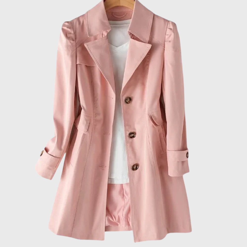 Pink lightweight trench coat with button closure and cuffed sleeves