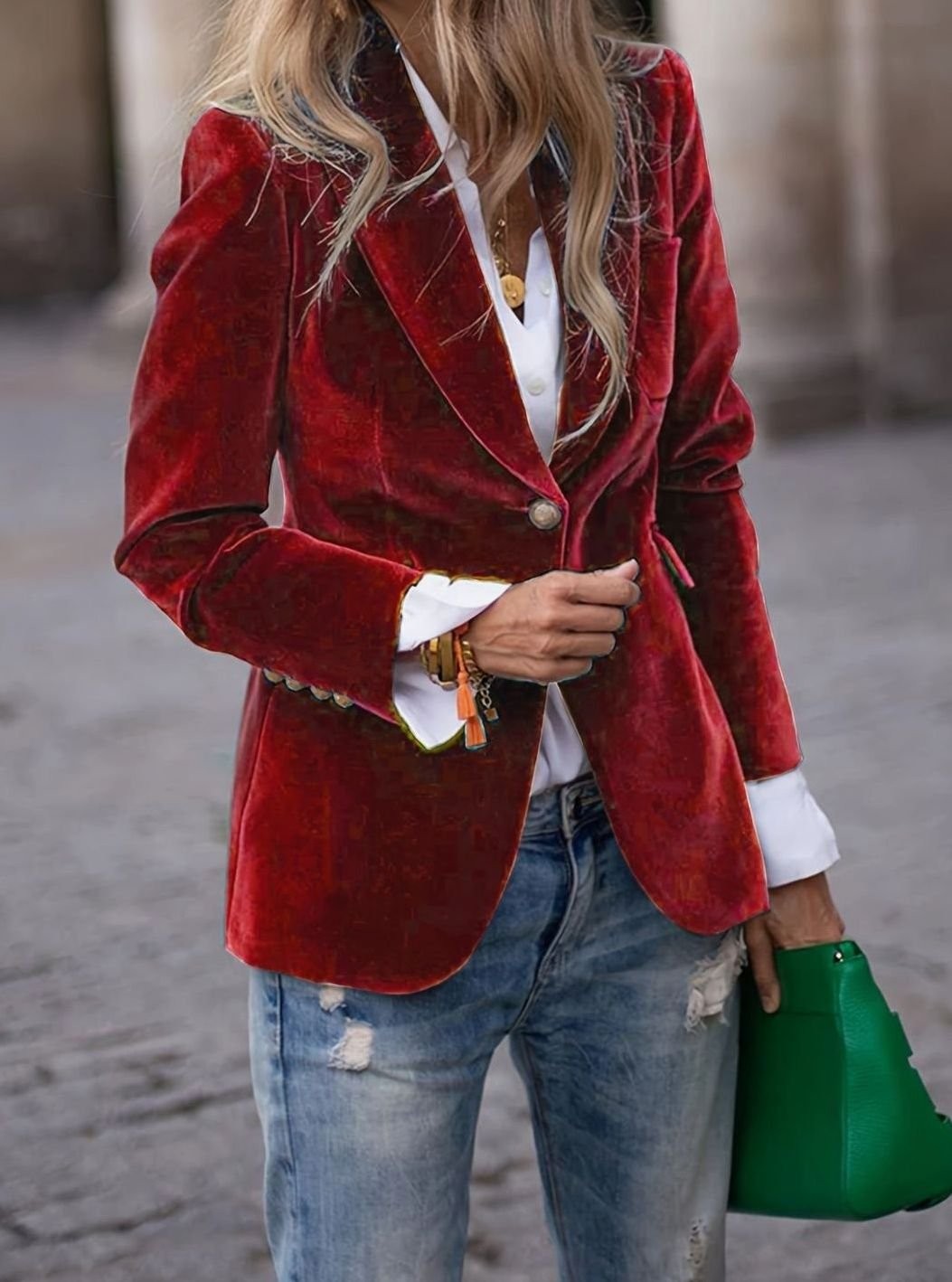 Red velvet single-button blazer styled with white shirt and ripped jeans