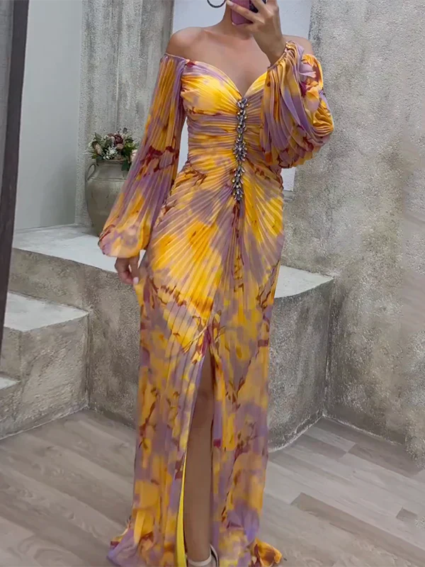 Long sleeve tie-dye maxi dress featuring ruched bodice and rhinestone embellishment