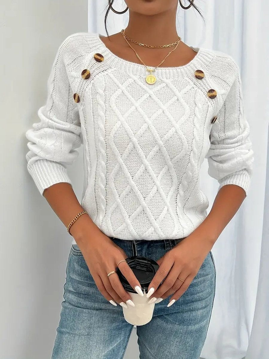 White cable knit jumper with button-trim square neckline and raglan sleeves