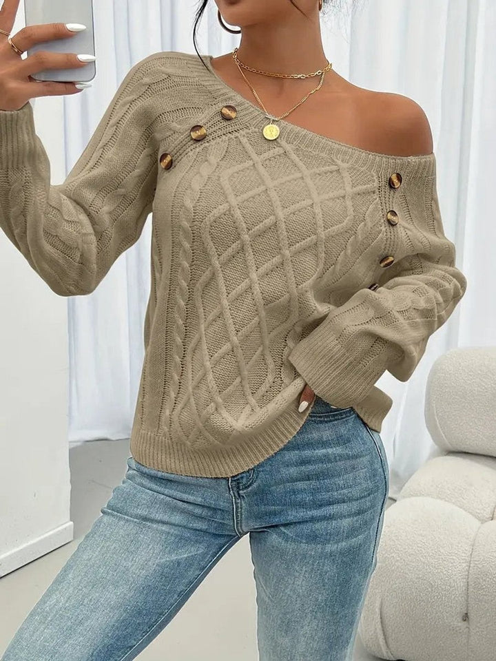 Taupe cable knit jumper with off-shoulder look and tortoiseshell buttons