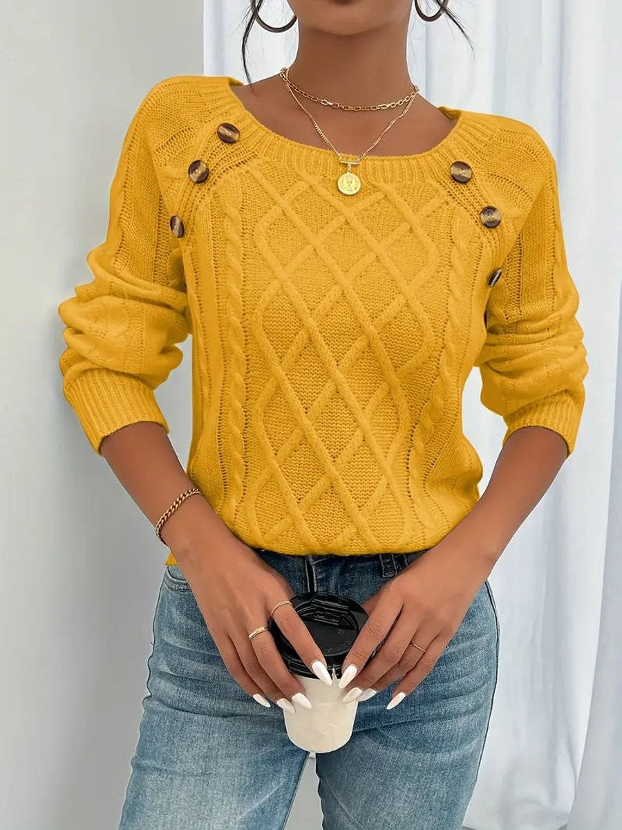 Mustard yellow cable knit jumper with button accents on square neckline