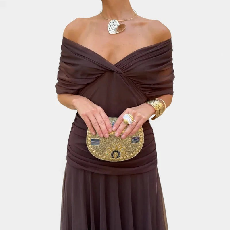 chocolate brown off-shoulder chiffon dress with twist front bodice, close-up view