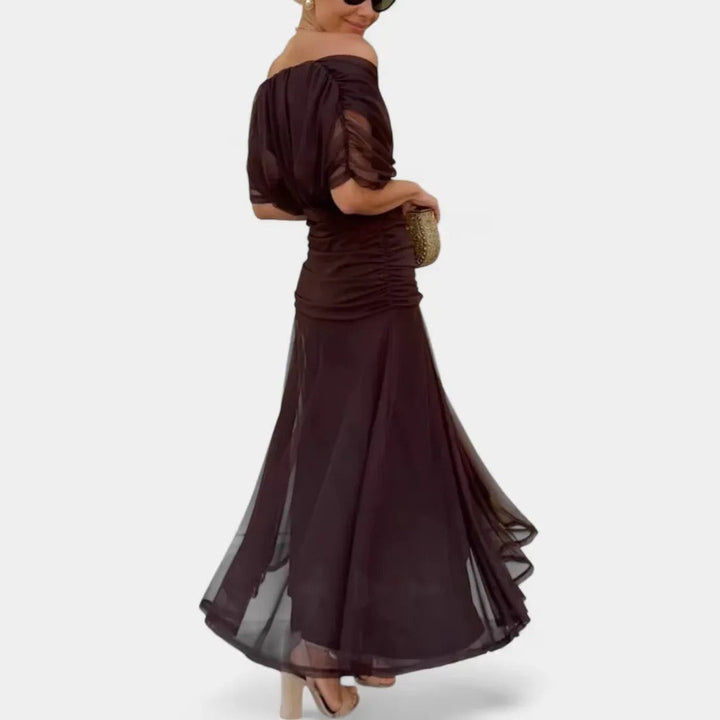 chocolate brown off-shoulder midi dress with flowing chiffon skirt, side view
