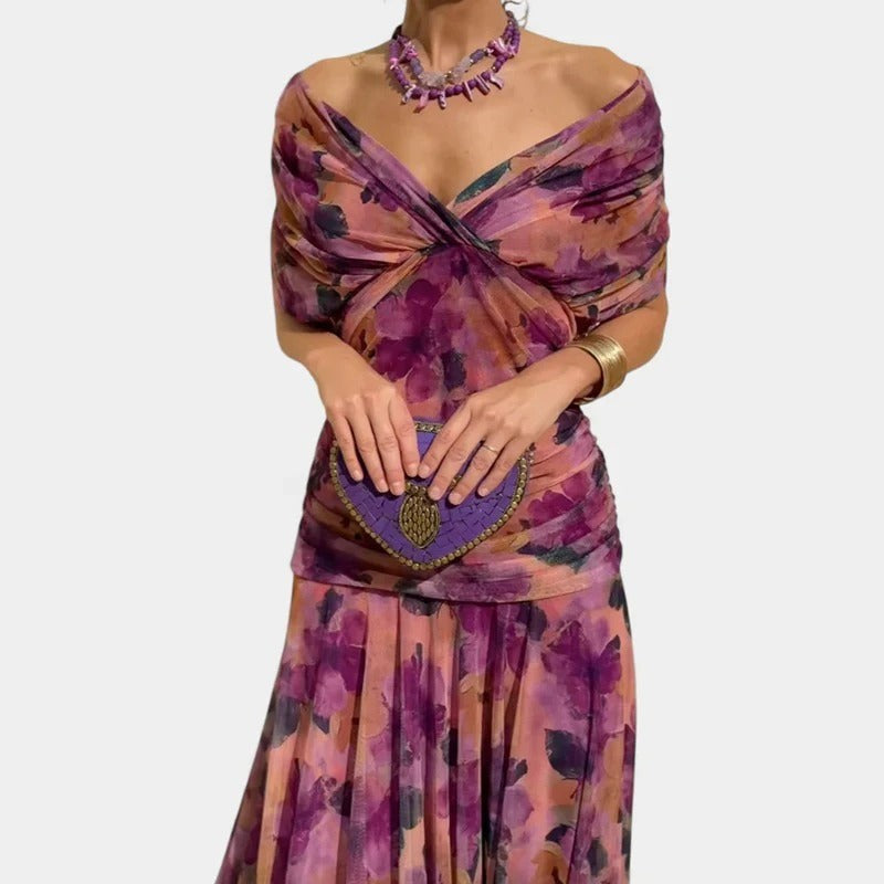 purple floral off-shoulder chiffon dress with ruched twist front bodice