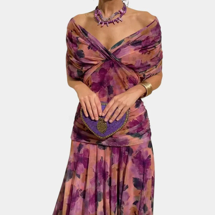 purple floral off-shoulder chiffon dress with ruched twist front bodice