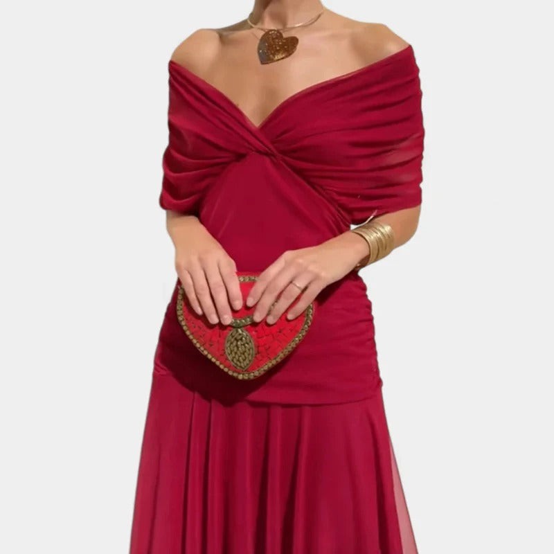 burgundy off-shoulder chiffon midi dress with ruched twist front detail