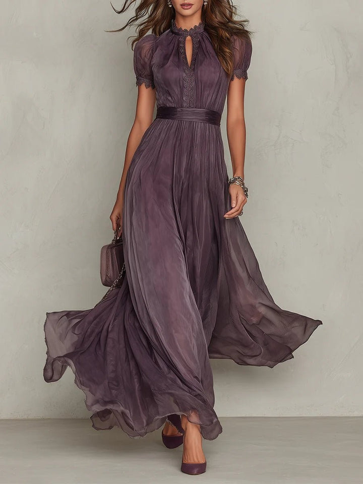 Purple ombre chiffon maxi dress with lace-trim keyhole neckline and puff sleeves