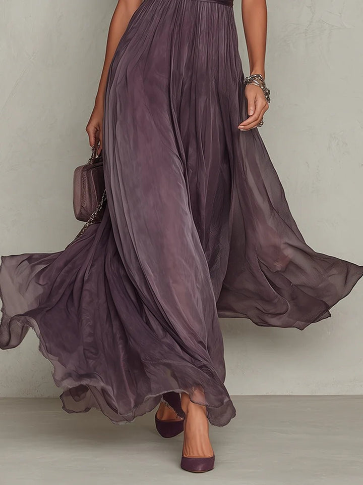 Flowing chiffon maxi dress skirt in ombre purple with sheer layered hemline