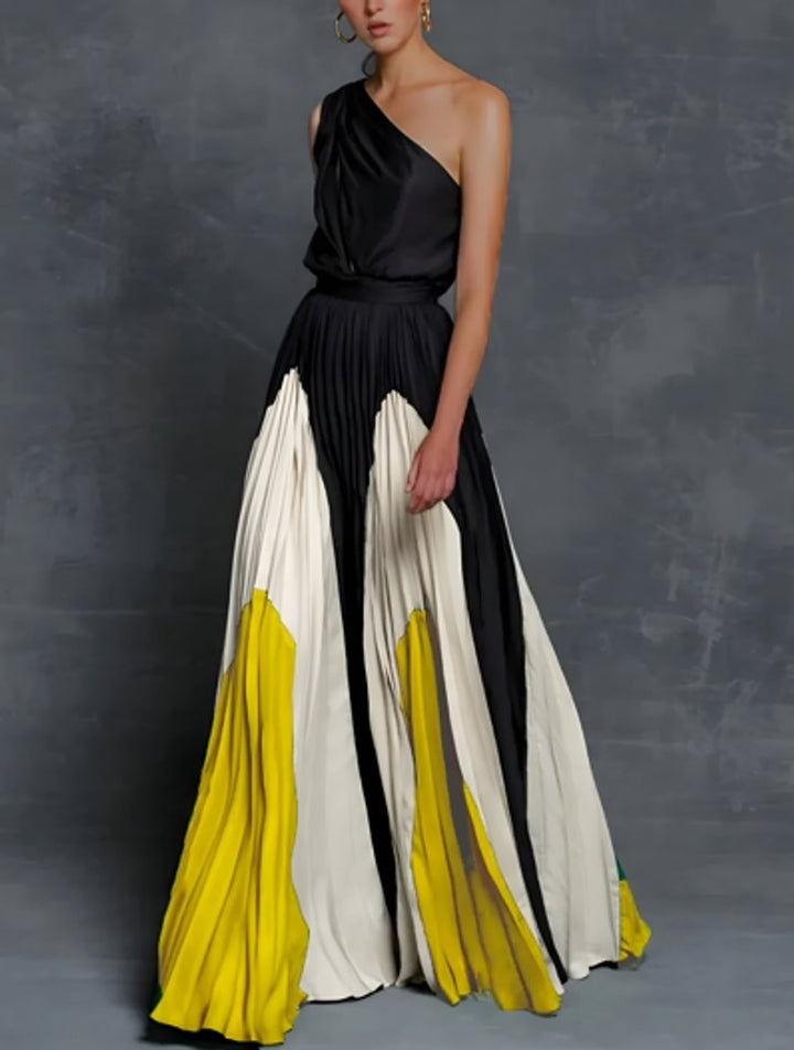 One-shoulder pleated maxi gown in black, ivory, and yellow color-block design