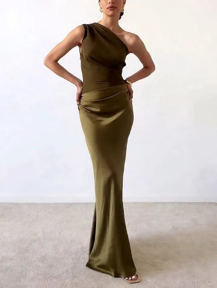 Olive green one-shoulder satin gown with fitted bodice and flowing skirt