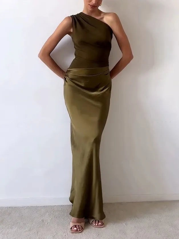 Olive one-shoulder satin dress with ruched bodice and floor-length hem