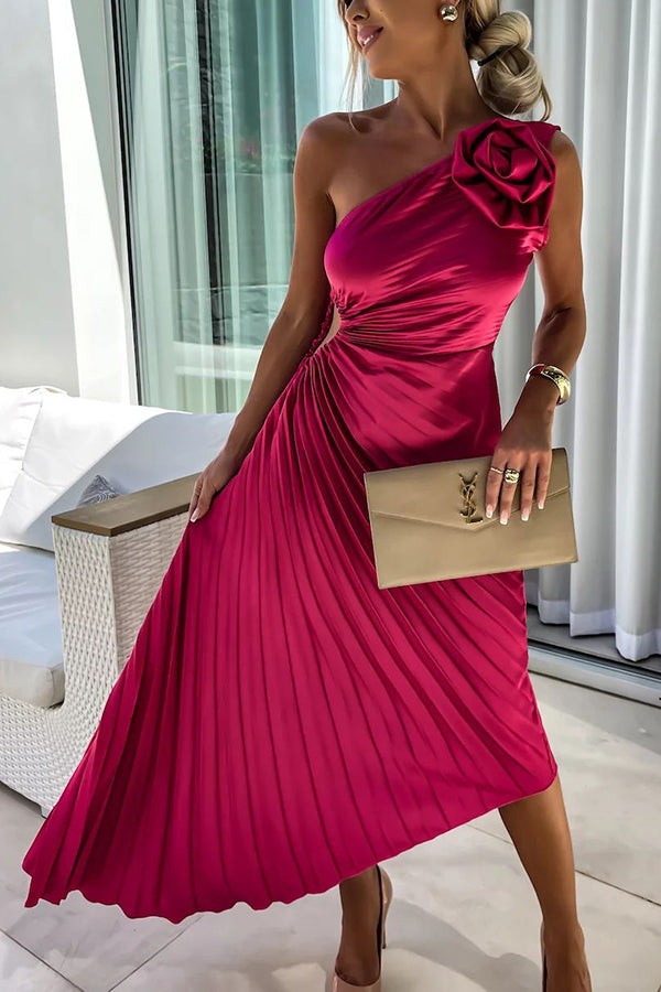 Fuchsia one-shoulder pleated maxi dress with rose shoulder detail