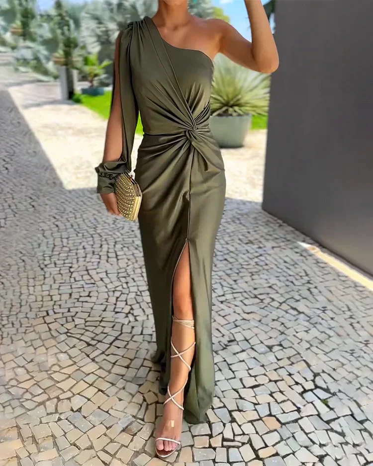 Olive green one-shoulder maxi dress with twist front and thigh-high slit