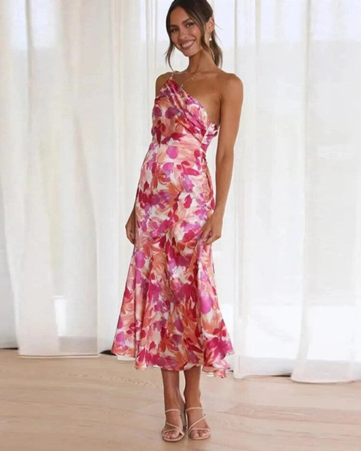 pink and orange floral one-shoulder midi dress with ruffled hem