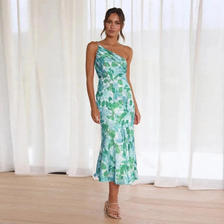 green and blue floral one-shoulder midi dress with mermaid silhouette