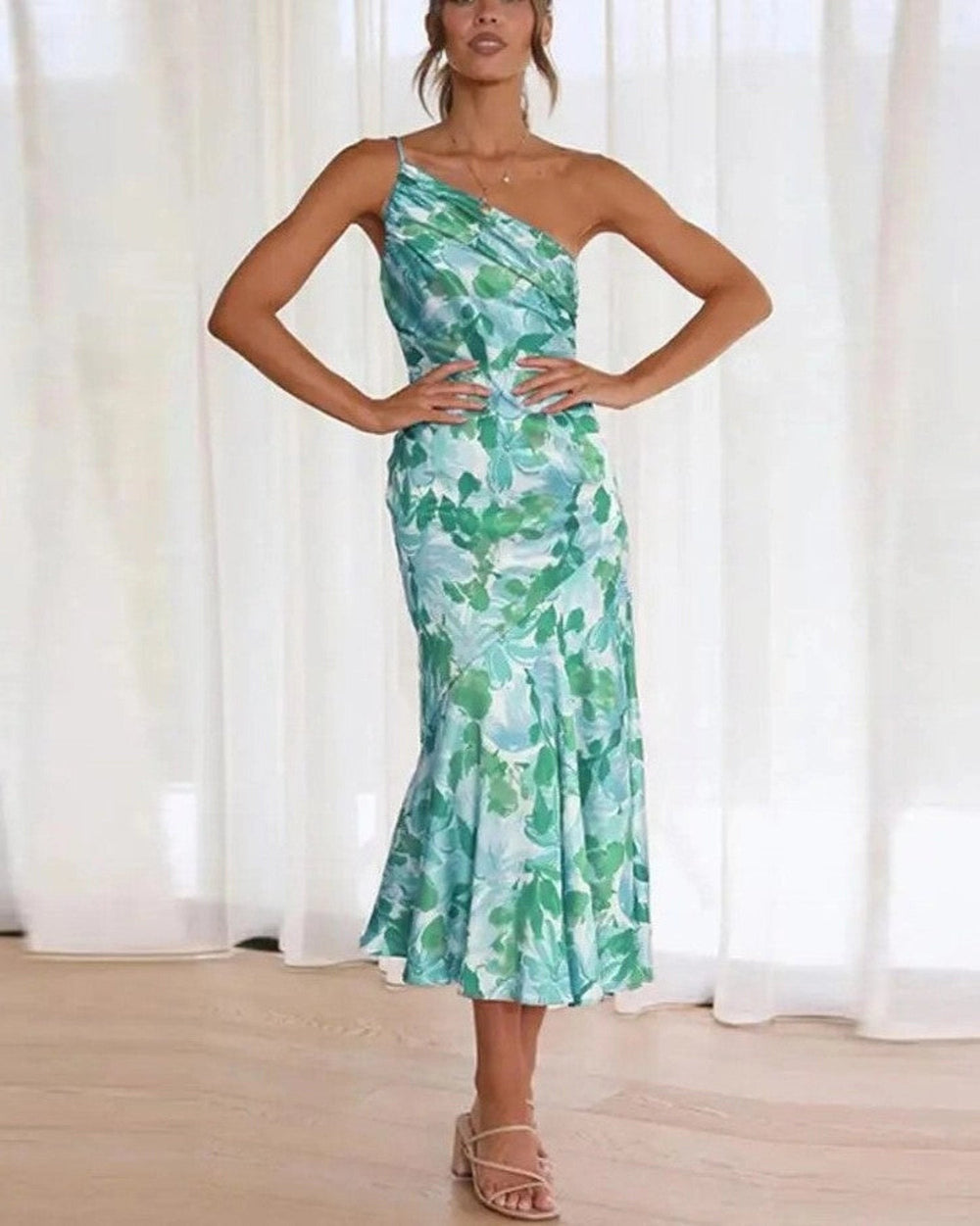 green floral one-shoulder satin midi dress with mermaid hem
