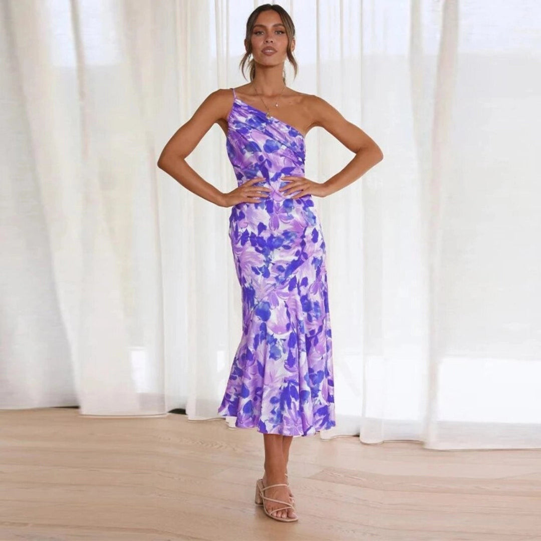 purple floral one-shoulder midi dress with flared skirt