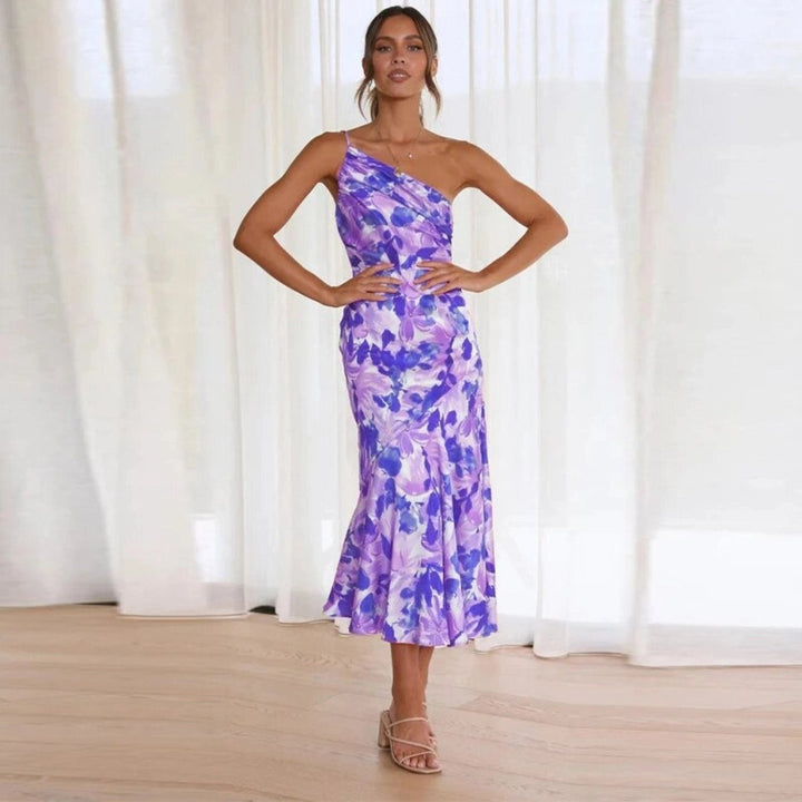 purple floral one-shoulder midi dress with flared skirt