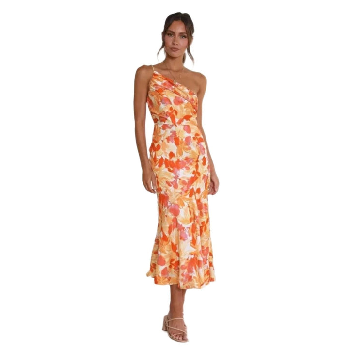 orange floral one-shoulder maxi dress with flowy mermaid skirt