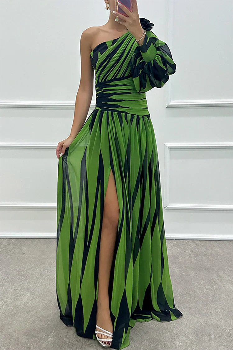 Green and black striped one-shoulder gown with puff sleeve and slit