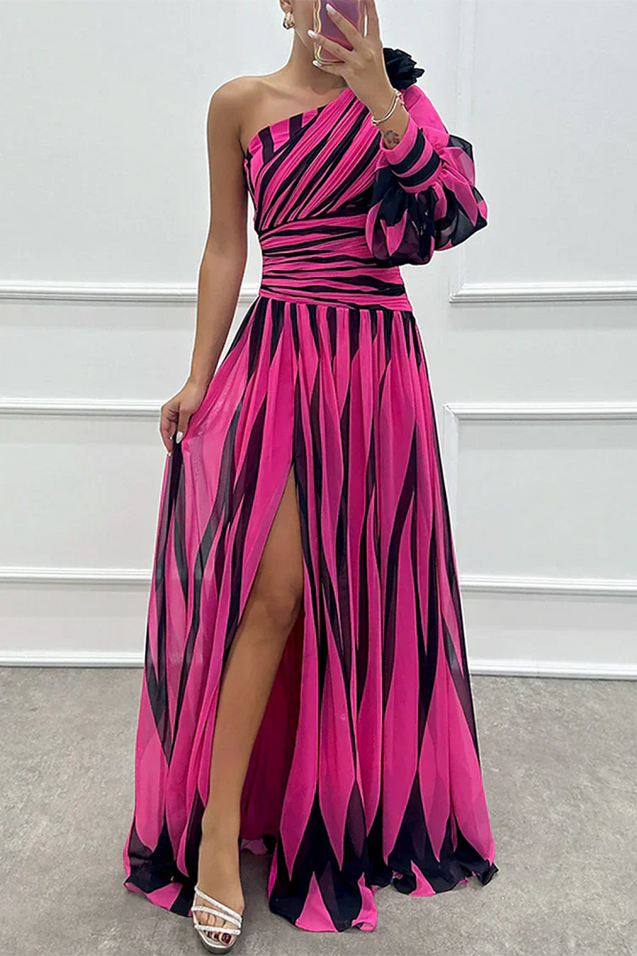 Hot pink and black striped maxi dress with one-shoulder puff sleeve