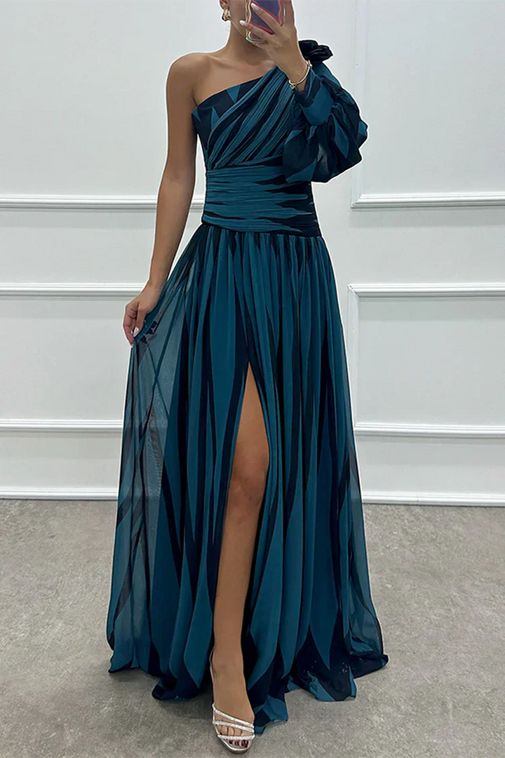 Teal and black striped one-shoulder evening gown with high slit
