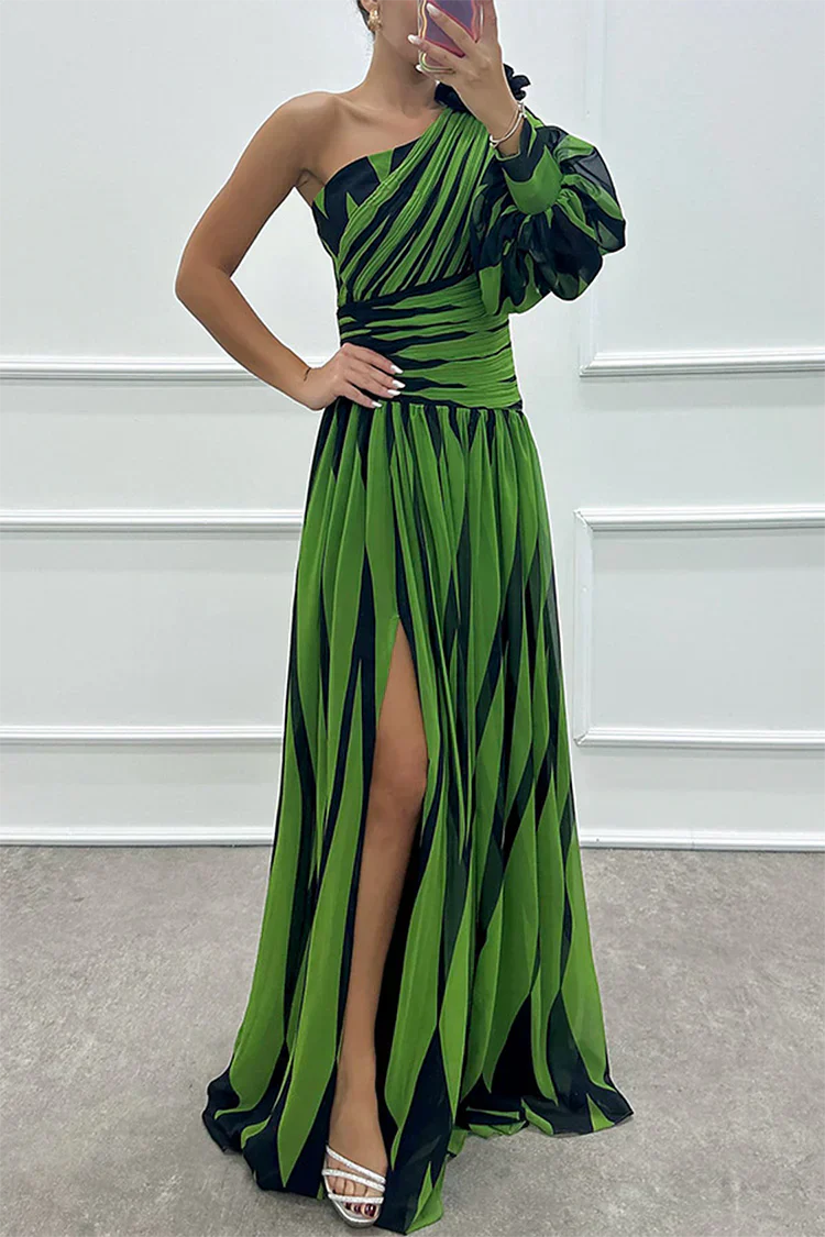 Green striped one-shoulder maxi dress with ruched bodice and slit