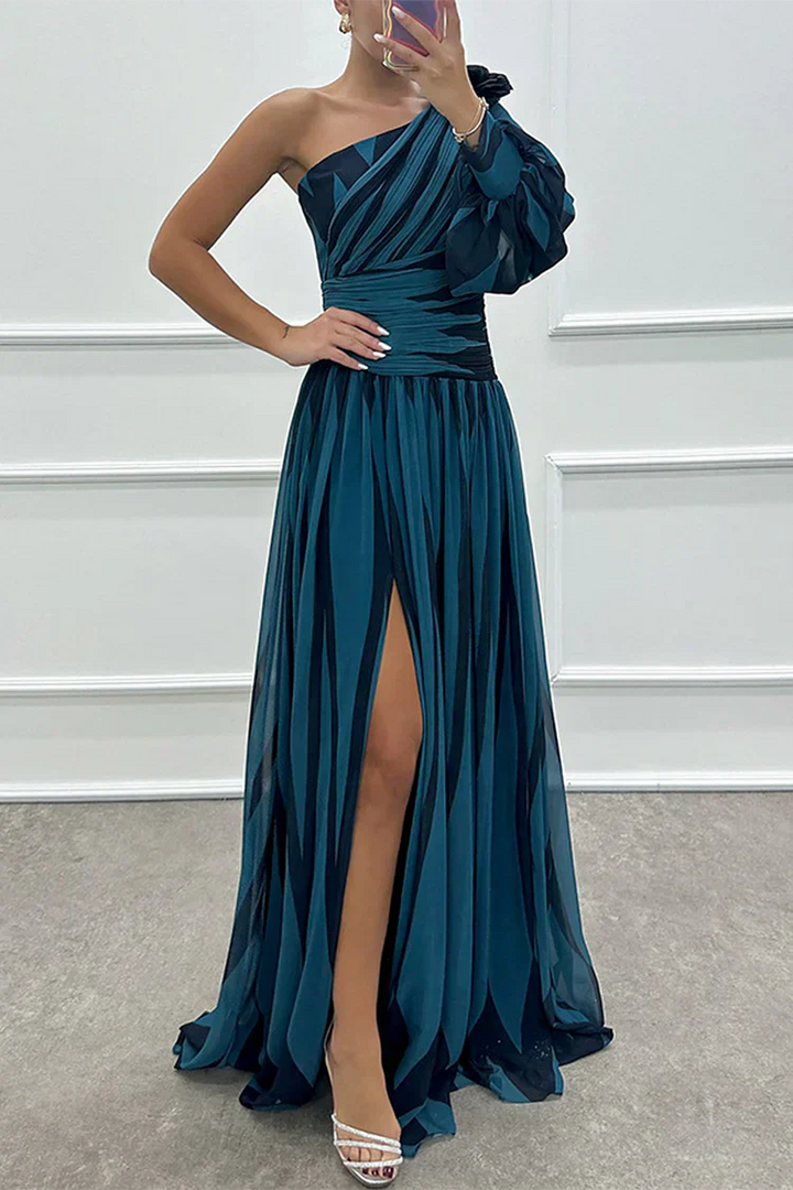 Teal striped one-shoulder maxi dress with cinched waist and slit