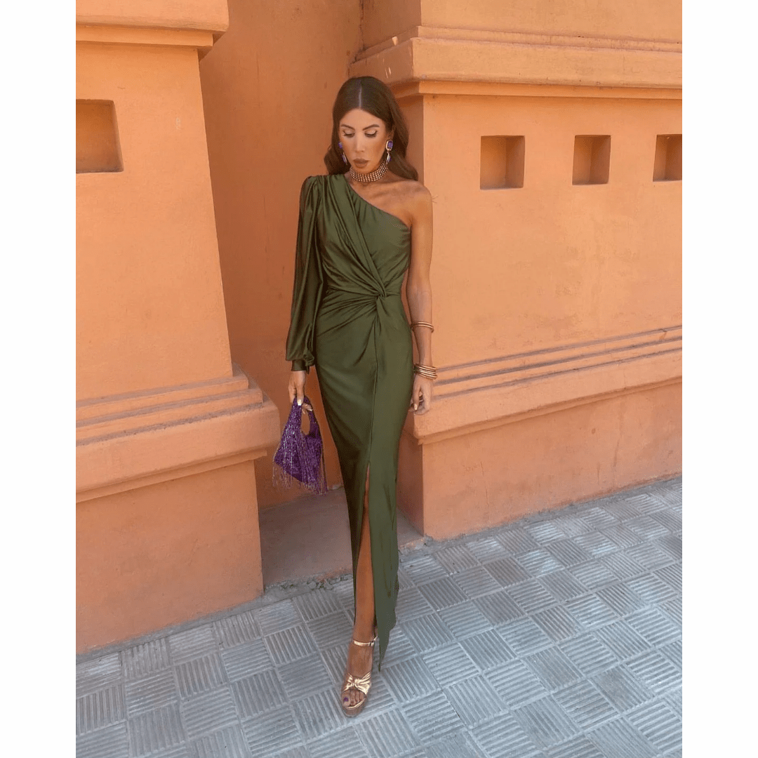 Olive green one-shoulder satin dress with twist front and thigh slit