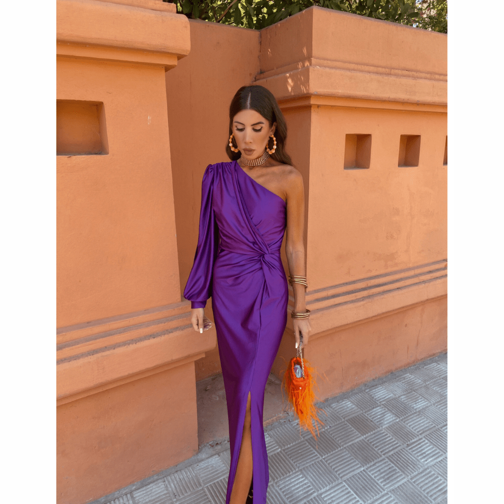 Purple one-shoulder satin dress featuring draped waist and side slit