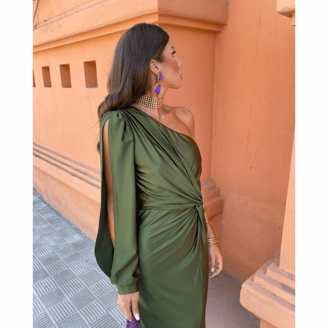 Side view of olive green satin dress with open-slit sleeve detail