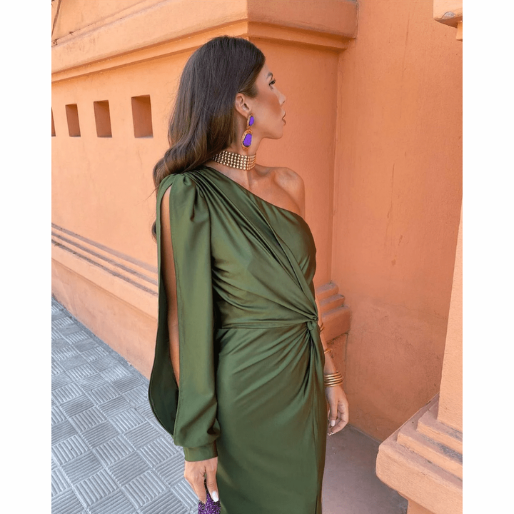 Side view of olive green satin dress with open-slit sleeve detail
