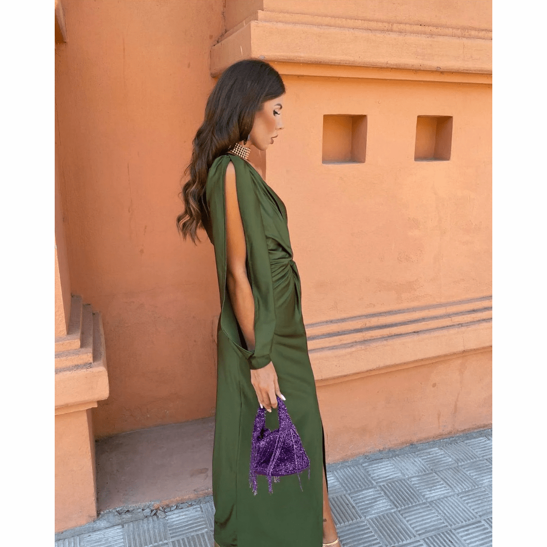 Olive satin evening dress showing draped back and split sleeve design