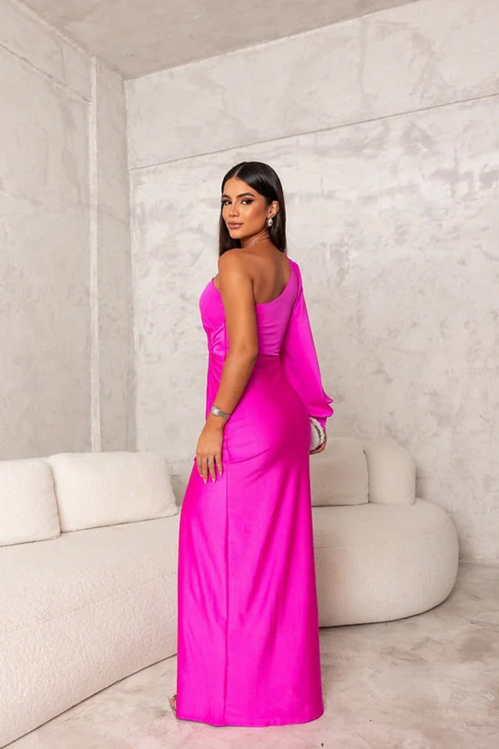 hot pink satin one-shoulder maxi dress back view with flowing sleeve