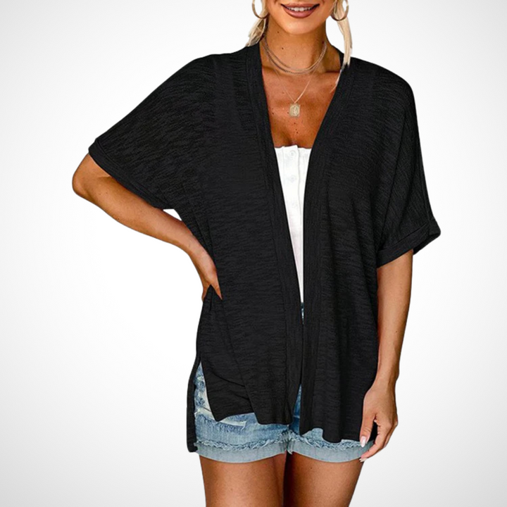 black open-front short sleeve cardigan paired with white top and denim shorts