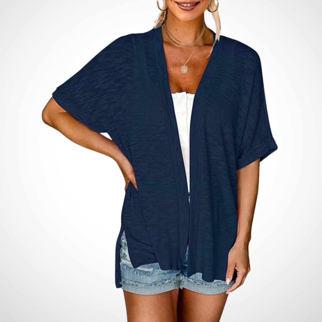 navy blue flowy cardigan with short sleeves and open front design