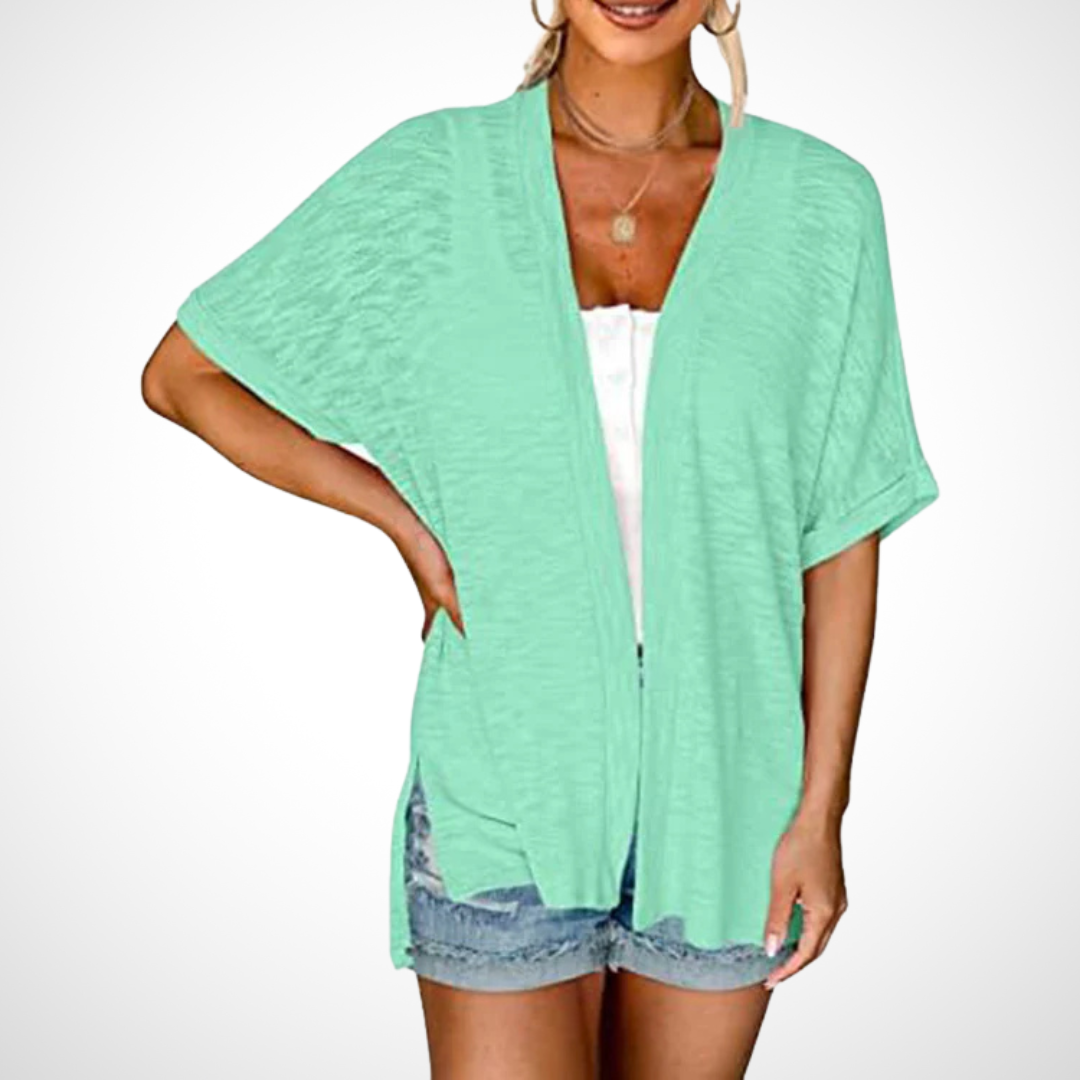 mint green open-front cardigan with textured knit and short sleeves