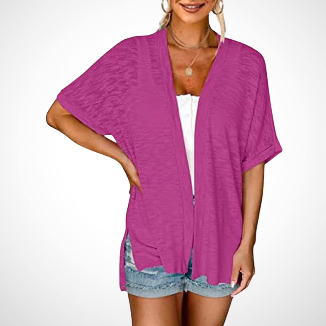 magenta lightweight cardigan featuring open front and short kimono sleeves