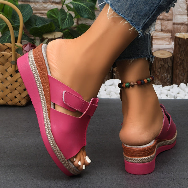 Yellow wedge sandals with open toe and touch-strap ankle closure