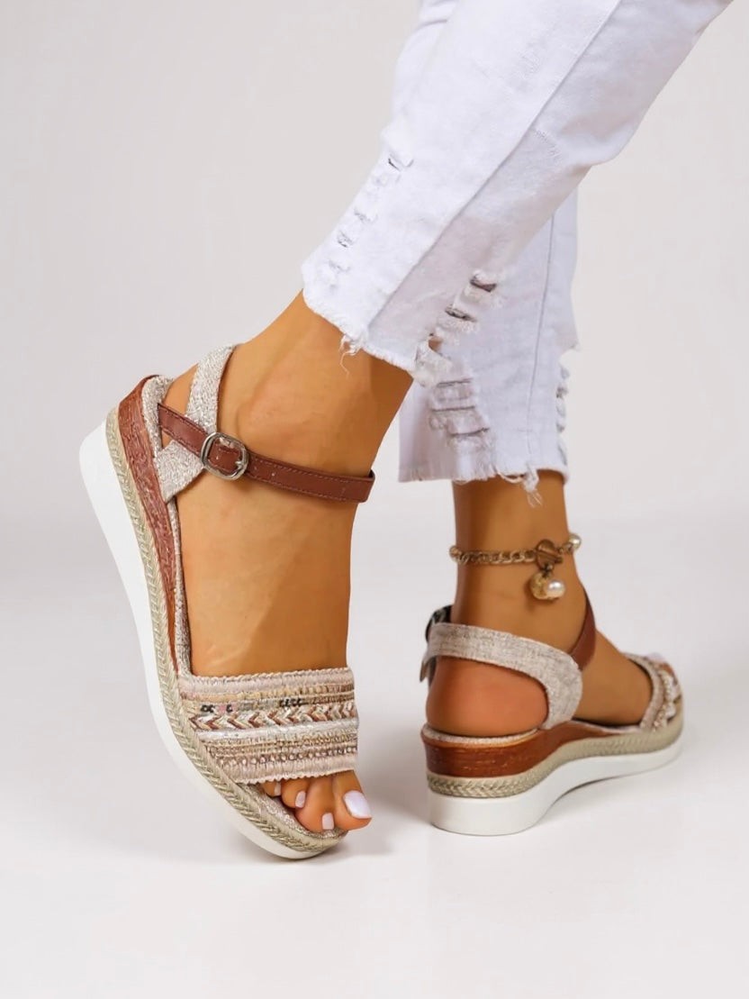 Boho beaded wedge sandal with tan ankle strap and espadrille sole