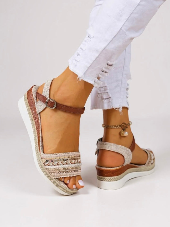 Boho beaded wedge sandal with tan ankle strap and espadrille sole