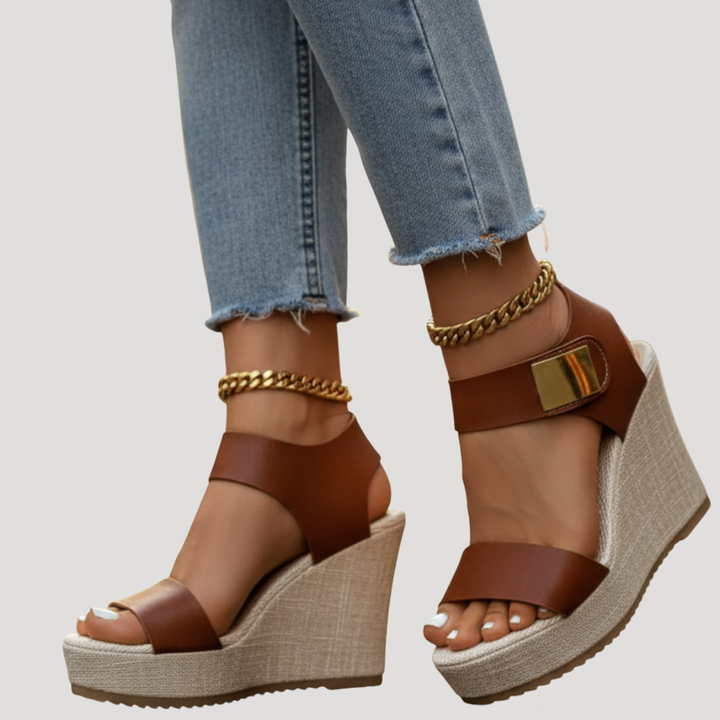 Brown ankle strap wedge sandals with gold buckle and woven platform sole