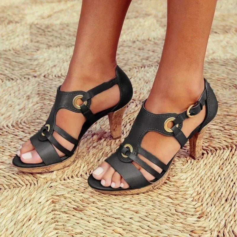 black leather caged sandal with cork stiletto heel and ankle strap