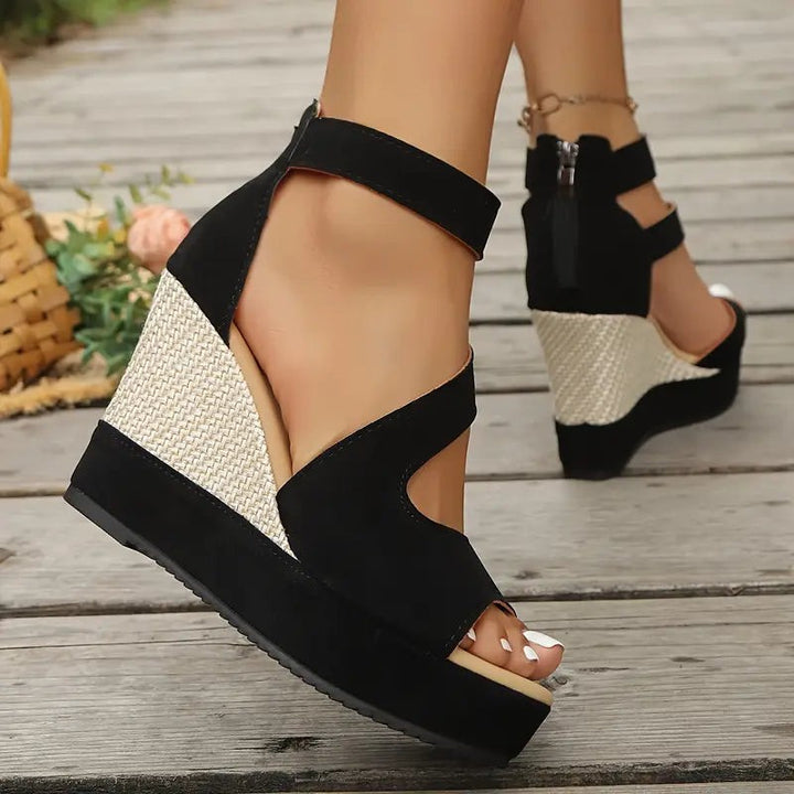 Ankle strap wedge sandals in black suede with braided wedge sole