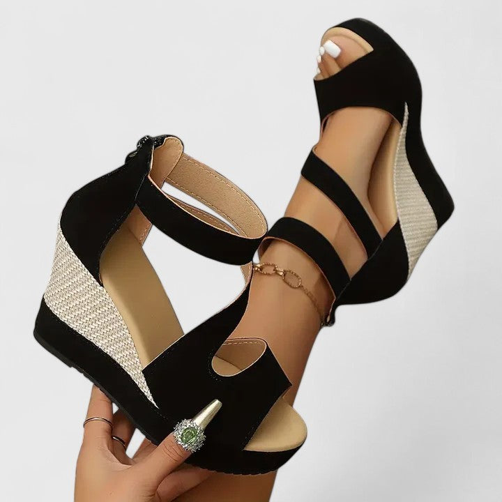 ankle-strap wedge sandals in black suede with straw-textured heel
