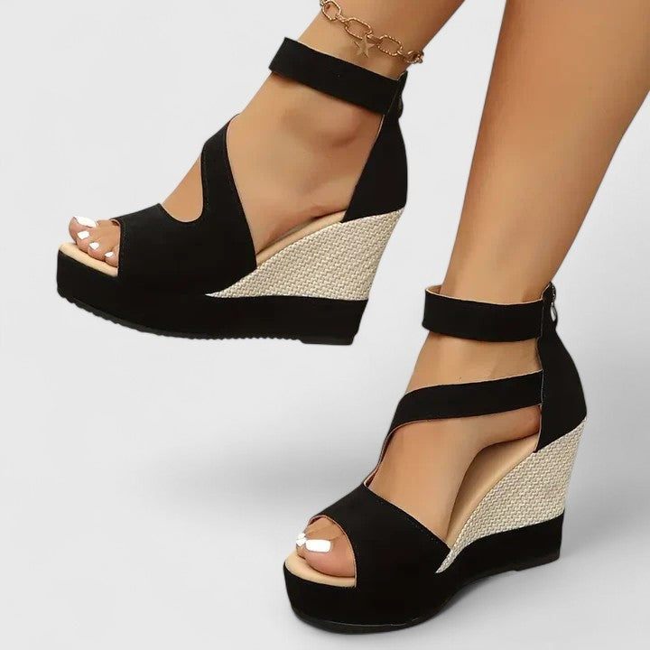 strappy orthopedic wedge sandals with beige woven platform sole