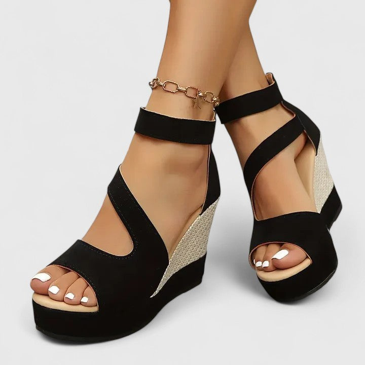peep-toe wedge sandals with ankle strap and gold chain anklet