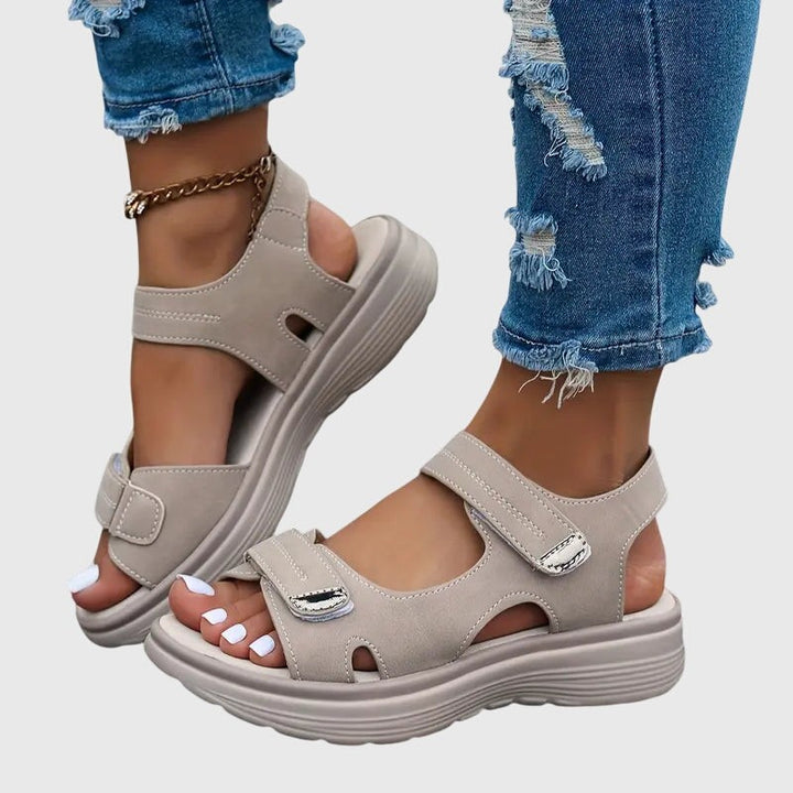 Taupe orthopedic sandals with cutout design and chunky comfort sole