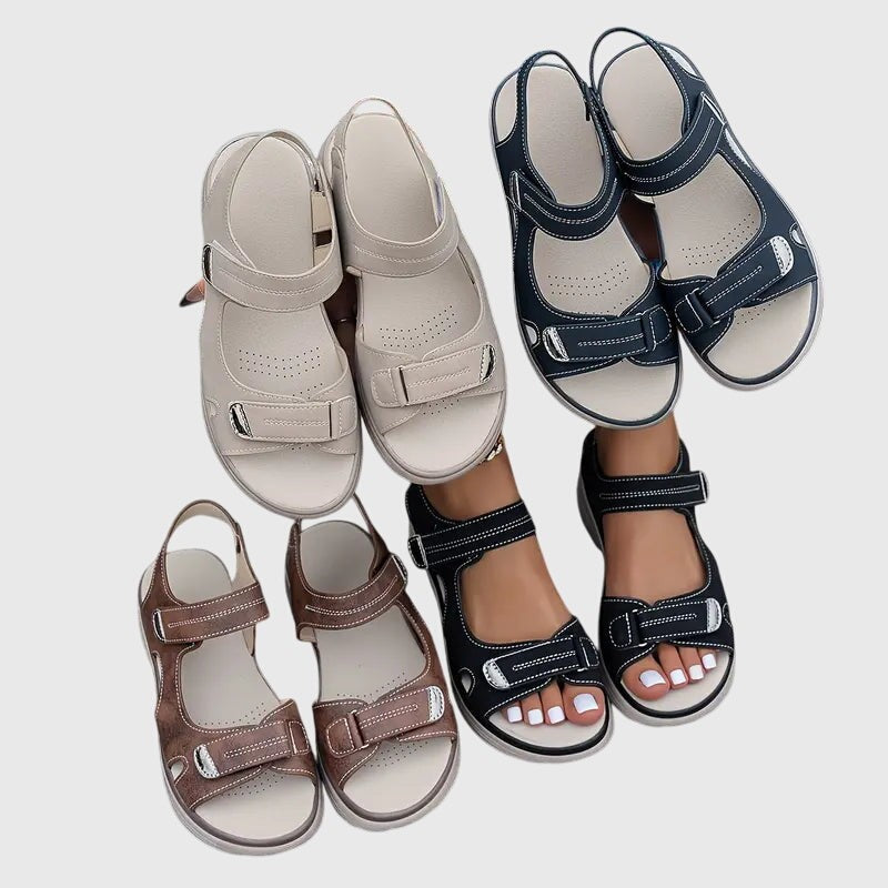 Four color options of orthopedic platform sandals in beige, navy, brown, and black